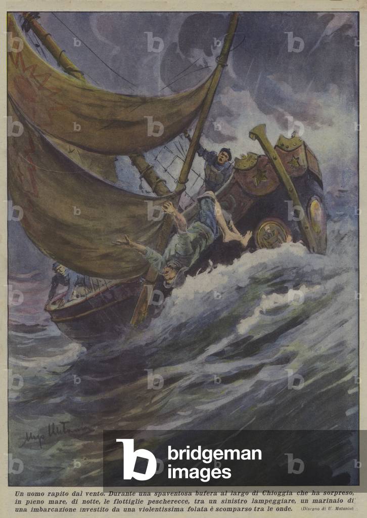 A man kidnapped by the wind (colour litho)