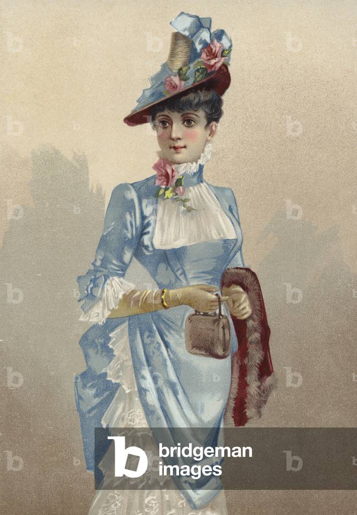 Elegant young lady in blue dress, carrying small handbag (chromolitho)