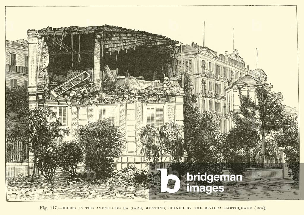 House in the Avenue de la Gare, Mentone, ruined by the Riviera Earthquake, 1887 (engraving)