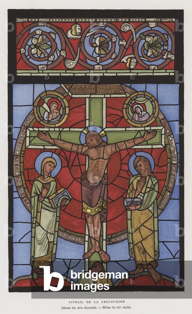 Stained glass depiction of the Crucifixion, mid 12th Century (colour litho)