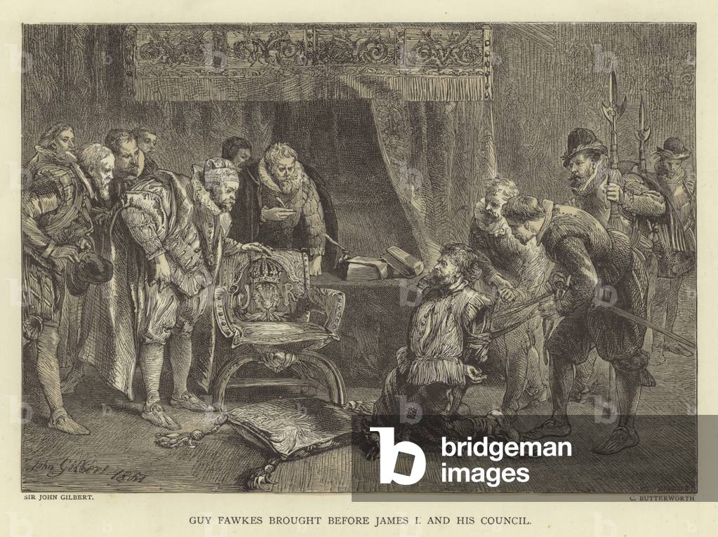 Guy Fawkes brought before James I and his council (engraving)