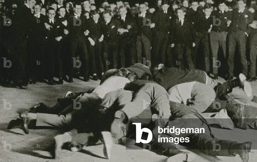 A Shrove Tuesday Custom, Westminster boys scrambling for a portion of the pancake (b/w photo)