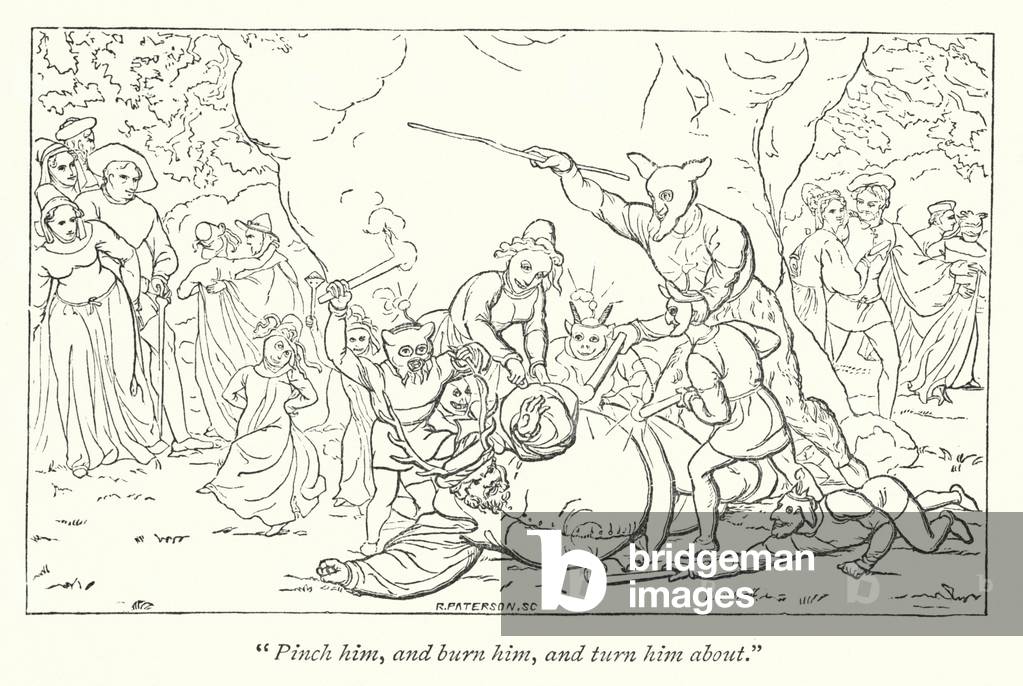 Shakespeare's The Merry Wives Of Windsor; Falstaff pinched and burned by the pretended elves (engraving)