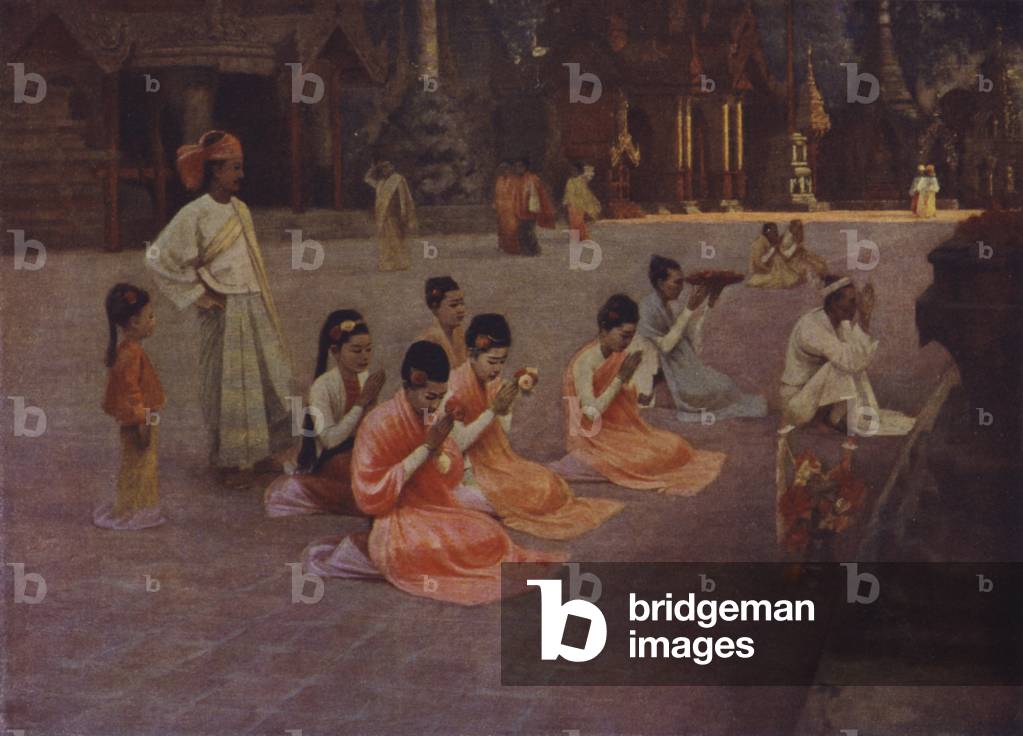 Worship at the Pagoda (colour litho)