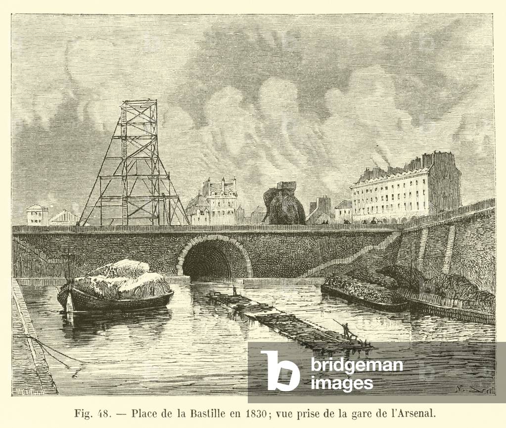 Place de la Bastille en 1830, vue prise de la gare de l'Arsenal (engraving)