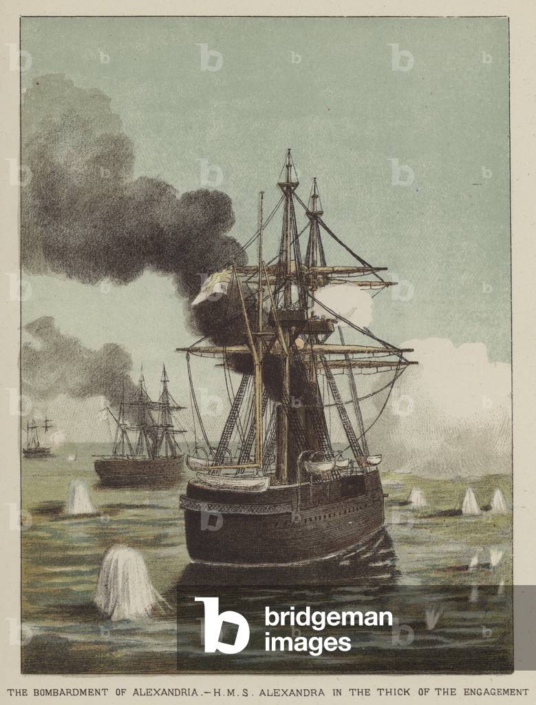 The bombardment of Alexandria, HMS Alexandra in the thick of the engagement (colour litho)