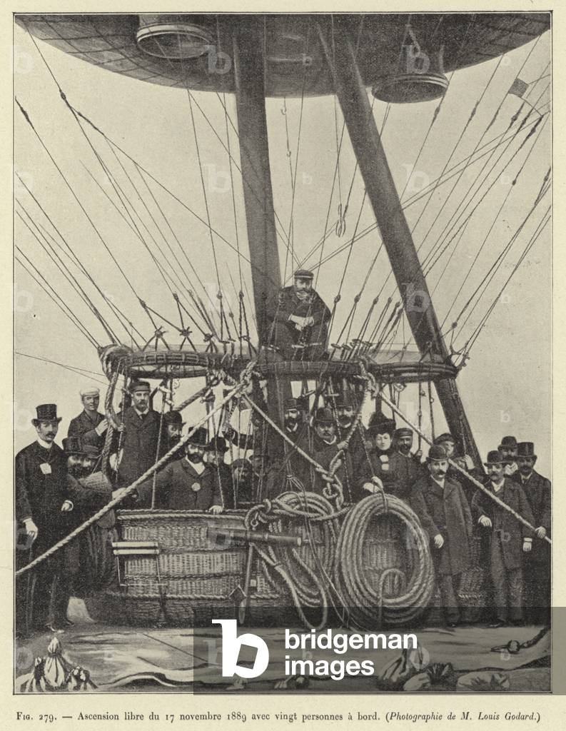Ascension libre du 17 novembre 1889 avec vingt personnes a bord, (Photographie de M Louis Godard) (engraving)