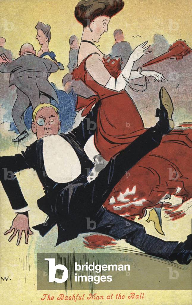 Lady and gentleman falling at a ball (colour litho)