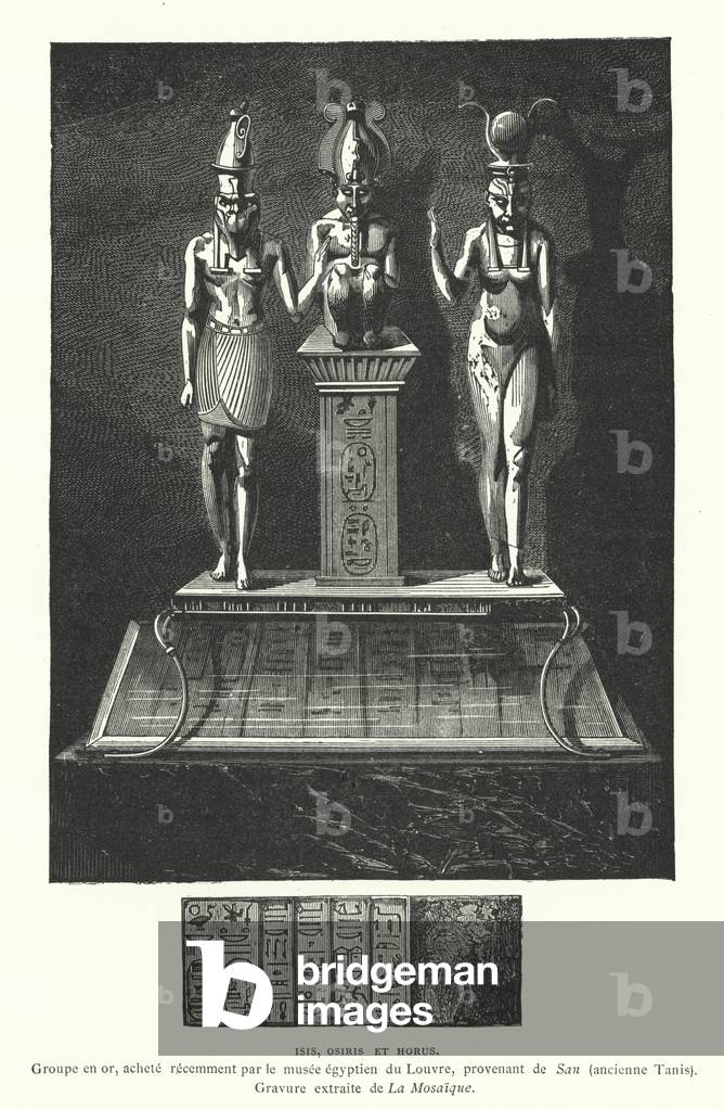 Ancient Egyptian gold sculpture of the gods Isis, Osiris and Horus, from the ancient city of Tanis (engraving)