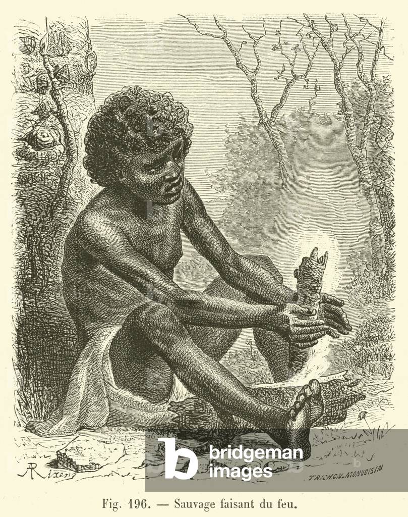 Sauvage faisant du feu (engraving)