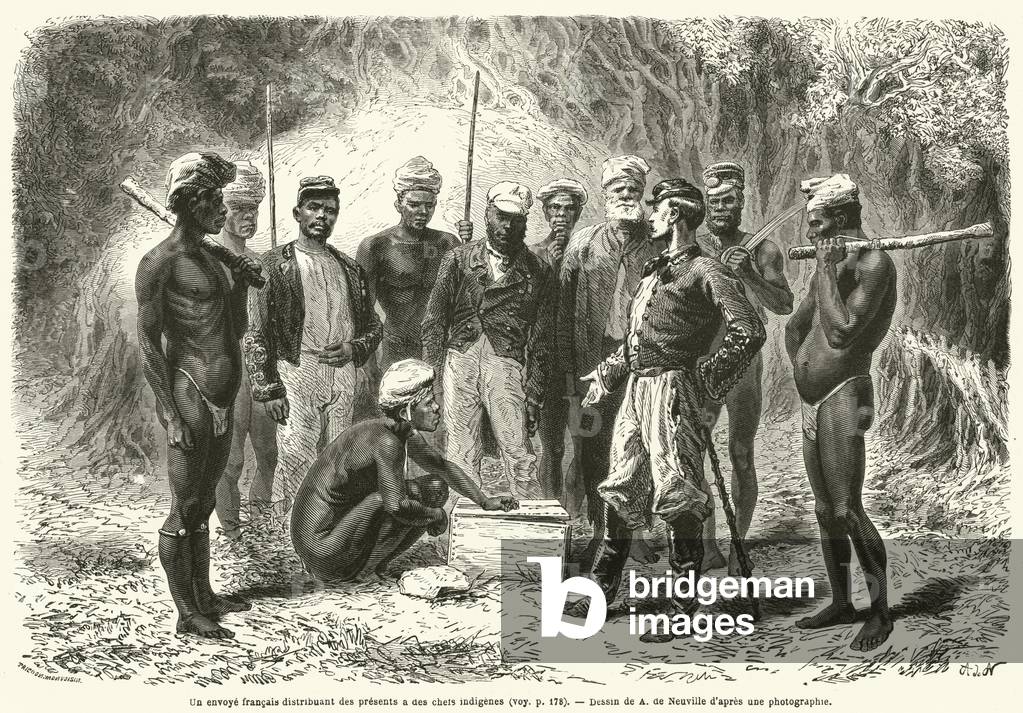 Un envoye francais distribuant des presents a des chefs indigenes (engraving)