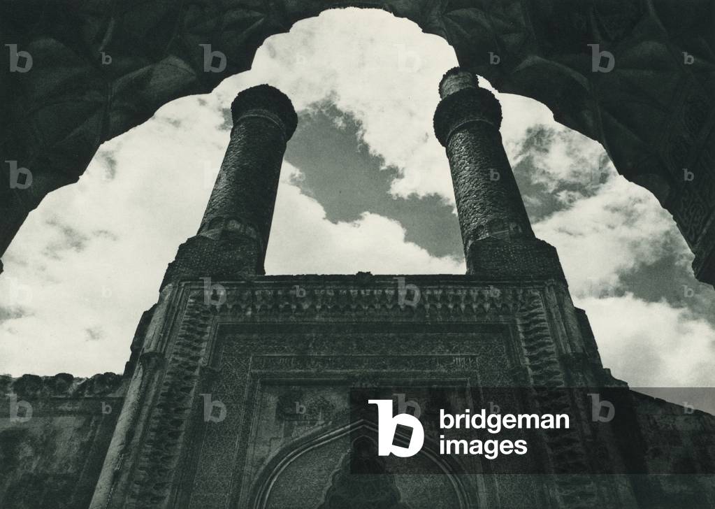 Turkey: Konyanin Cifte minareleri, The Double Minarets at Konya (b/w photo)