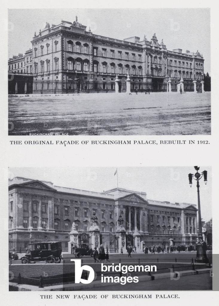 The original facade of Buckingham Palace, rebuilt in 1912; The new facade of Buckingham Palace (b/w photo)