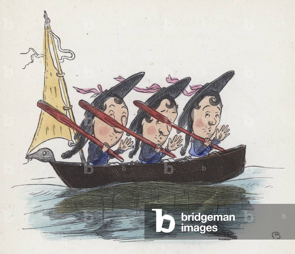 Three sailors in a boat (coloured engraving)
