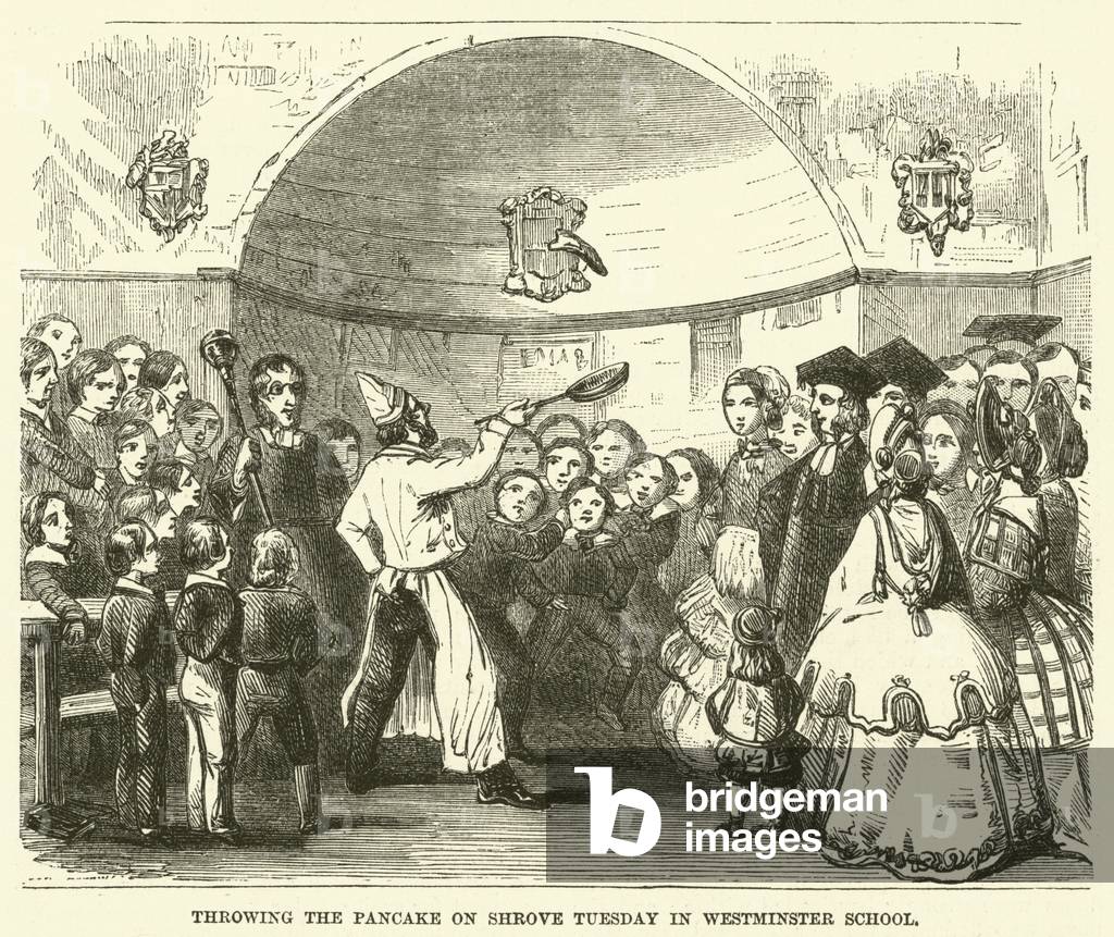 Throwing the pancake on Shrove Tuesday in Westminster School (engraving)