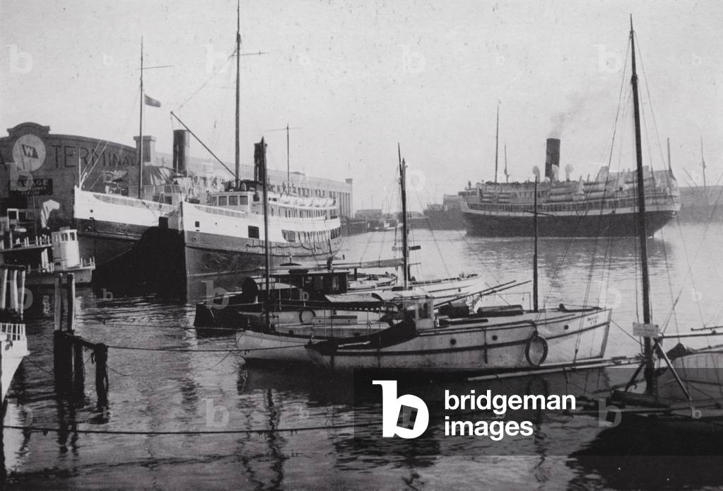 California: Los Angeles Harbor, through which commerce flows to and from all parts of the world (b/w photo)