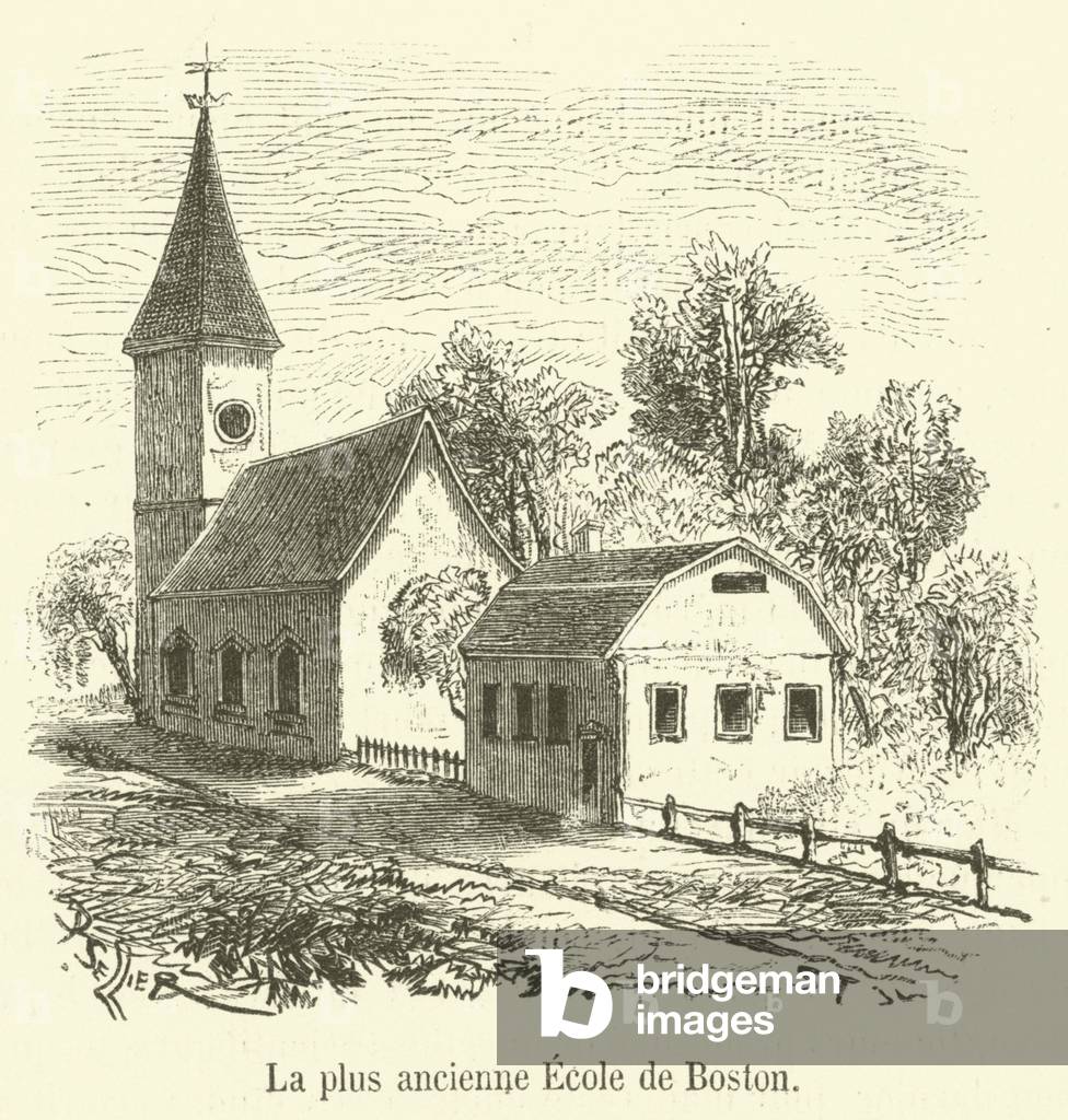 La plus ancienne Ecole de Boston (engraving)