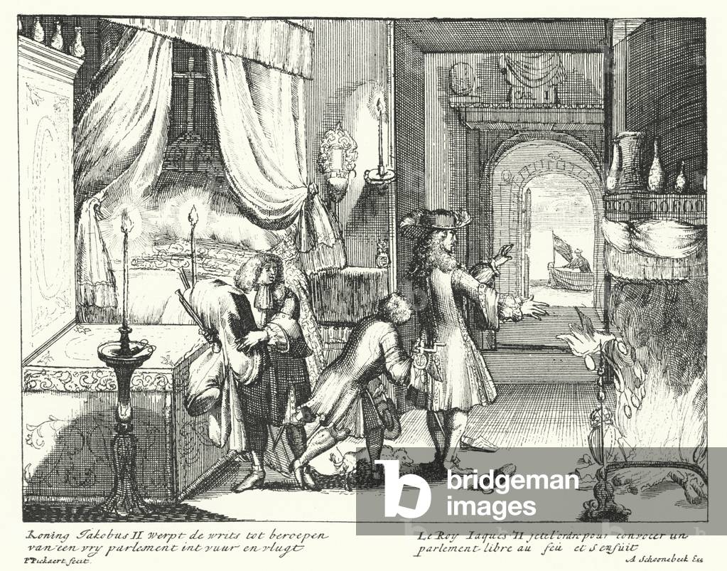 King James II of England burns the order to summon Parliament and flees, 1688 (engraving)