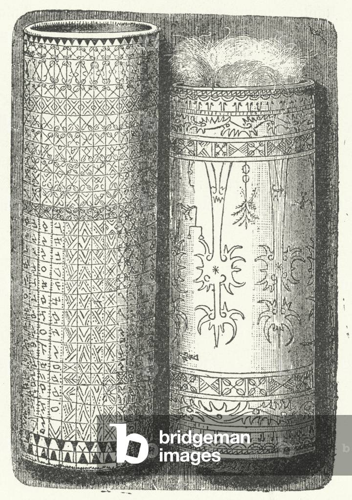 Bamboo canes from Sumatra decorated with Rejang script (engraving)