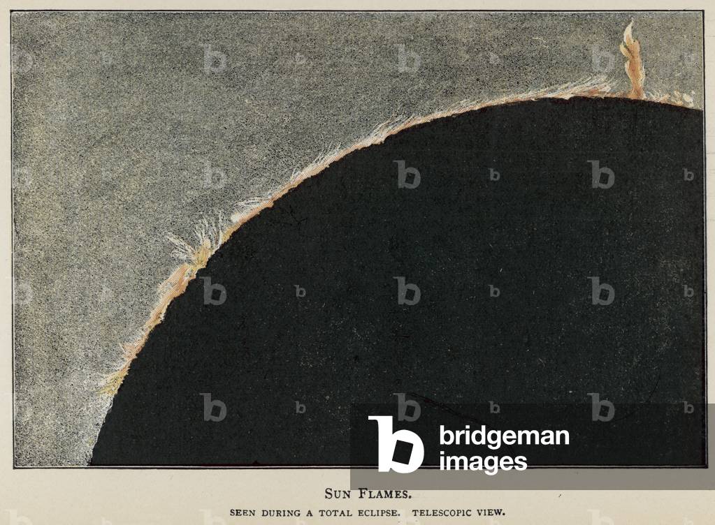 Sun Flames, seen during a total eclipse, telescopic view (colour litho)