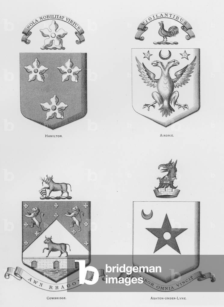 Public arms: Hamilton; Airdrie; Cowbridge; Ashton-under-Lyne (engraving)