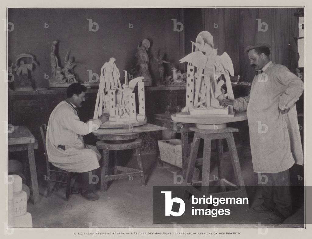 Mould repairers' workshop at the Sevres porcelain factory, France (b/w photo)