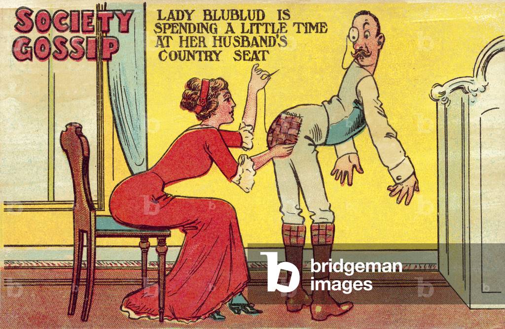 Wife sewing patch onto her husband's trousers (colour litho)