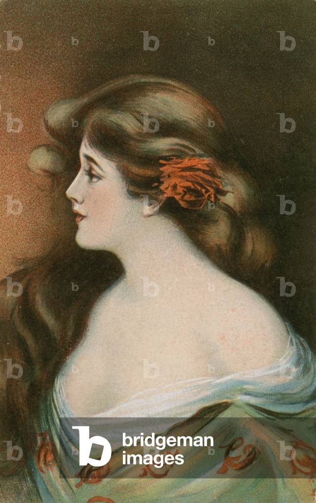 Beauty with long brown hair (chromolitho)