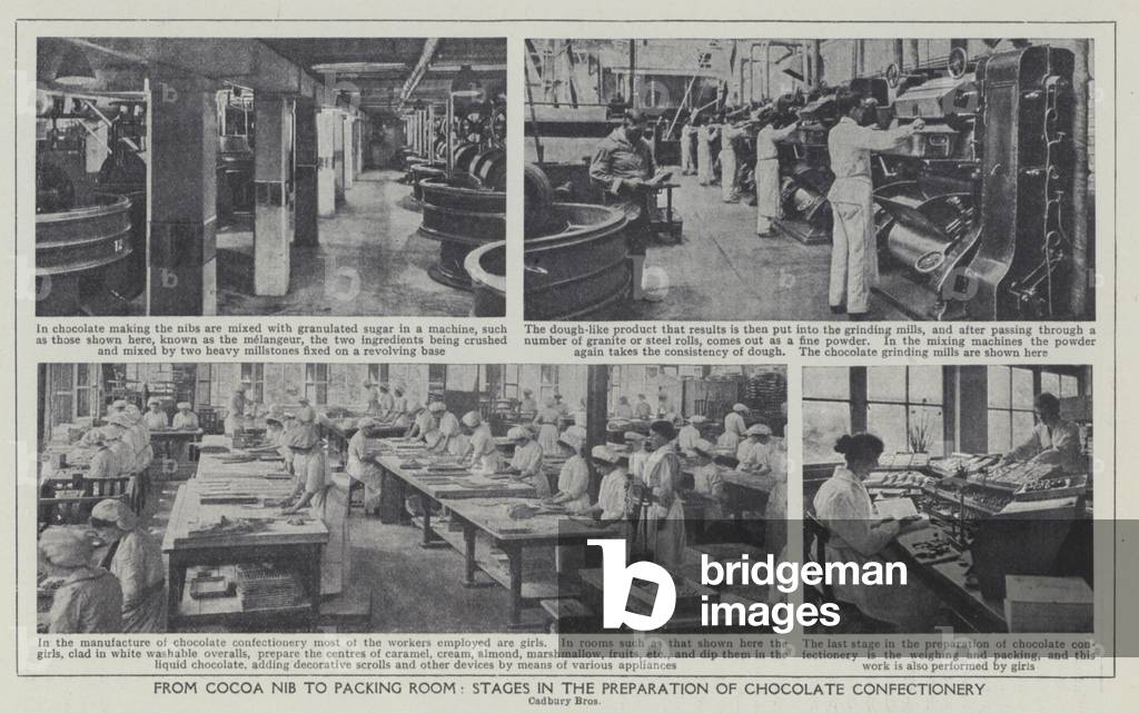 From cocoa nib to packing room, Stages in the preparation of chocolate confectionery (b/w photo)