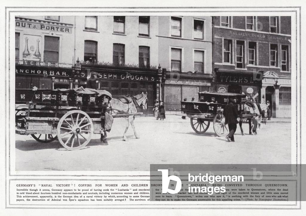 Germany's naval victory! Coffins for women and children drowned in the Lusitania being conveyed through Queenstown (b/w photo)