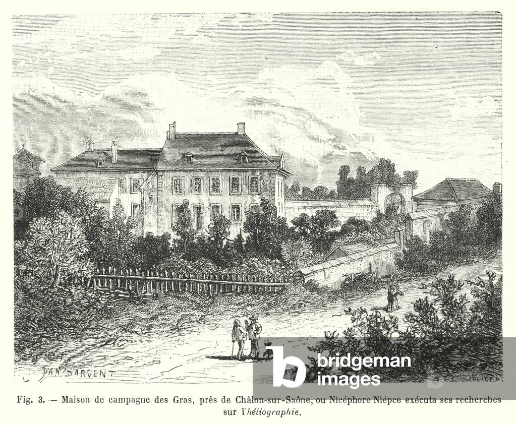 Maison de campagne des Gras, pres de Chalon-sur-Saone, ou Nicephore Niepce executa ses recherches sur l'heliographie (engraving)