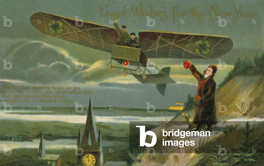 New Year card with a plane (colour litho)