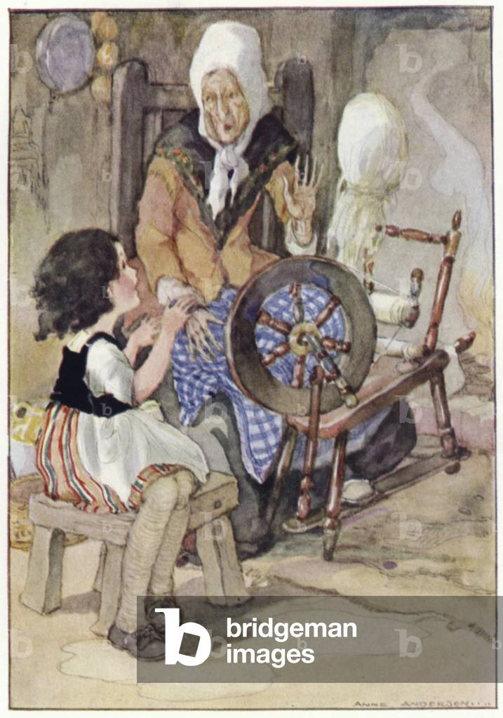 The grandmother started up from her spinning-wheel (colour litho)