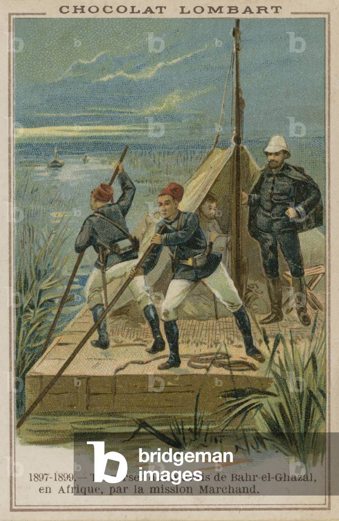 Crossing the marshes of Bahr-el-Ghazal in Africa (chromolitho)