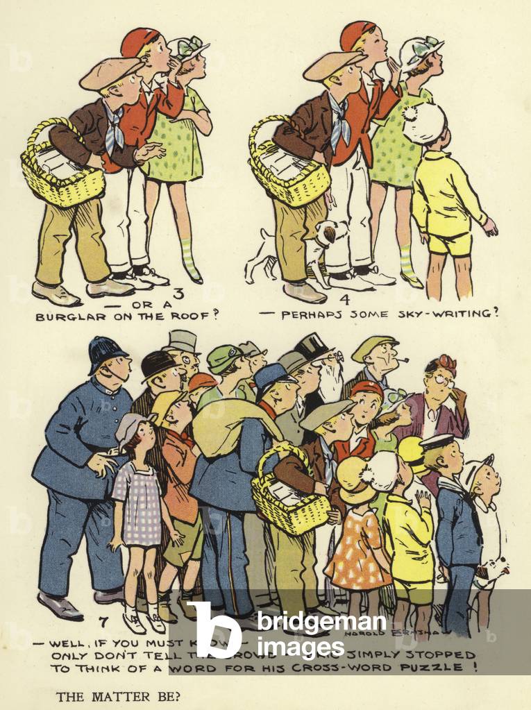 Crowd gathering to watch something (colour litho)