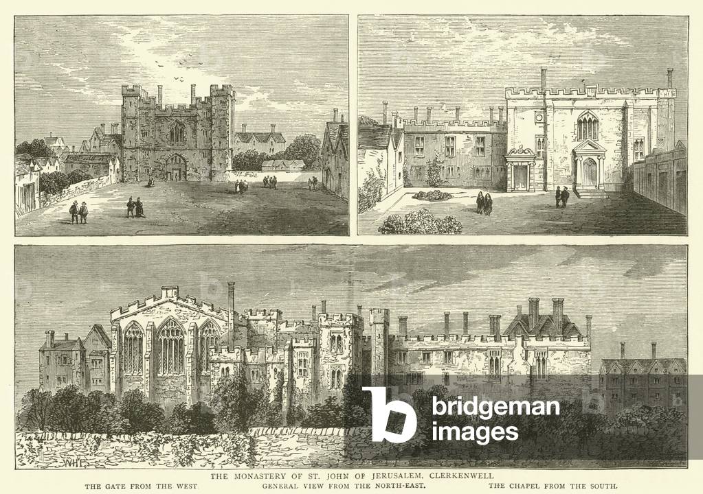 The Monastery of St John of Jerusalem, Clerkenwell, the gate from the west, general view from the north-east, the chapel from the south (engraving)