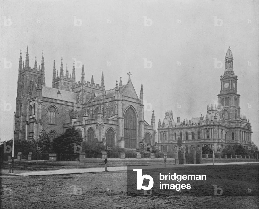 Town Hall and Cathedral, Sydney, Australia (b/w photo)