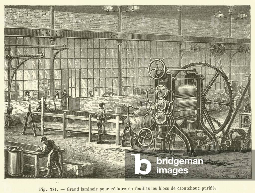 Grand laminoir pour reduire en feuilles les blocs de caoutchouc purifie (engraving)