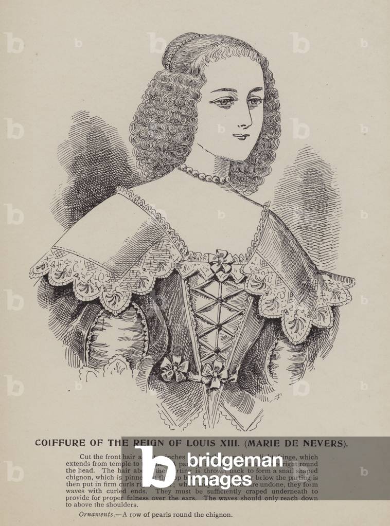Coiffure of the Reign of Louis XIII, Marie de Nevers (engraving)