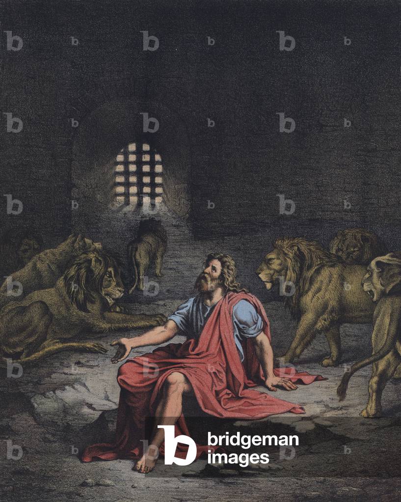 Daniel in the lions' den (colour litho)