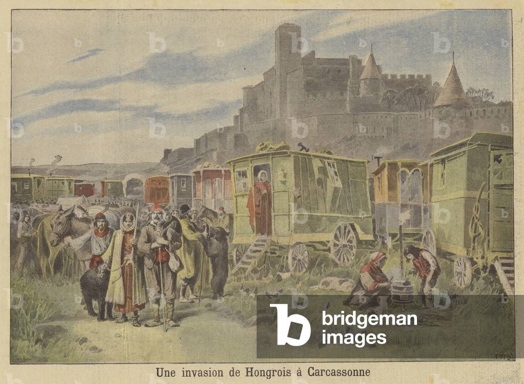 An invasion of Hungarian gypsies at Carcassonne (colour litho)