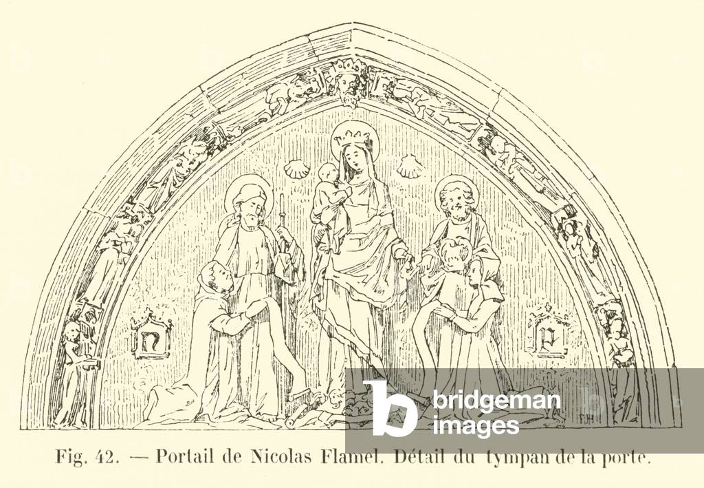 Portail de Nicolas Flamel, Detail du tympan de la porte (engraving)