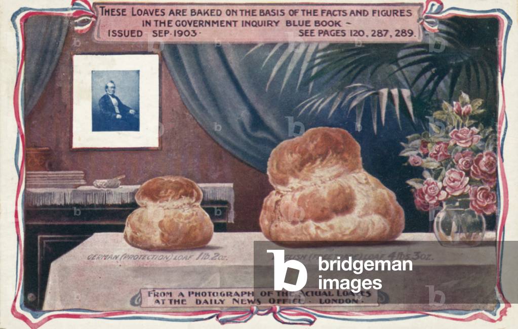 Loaves of bread, election postcard on behalf of British politican John Barker, a supporter of free trade (colour litho)