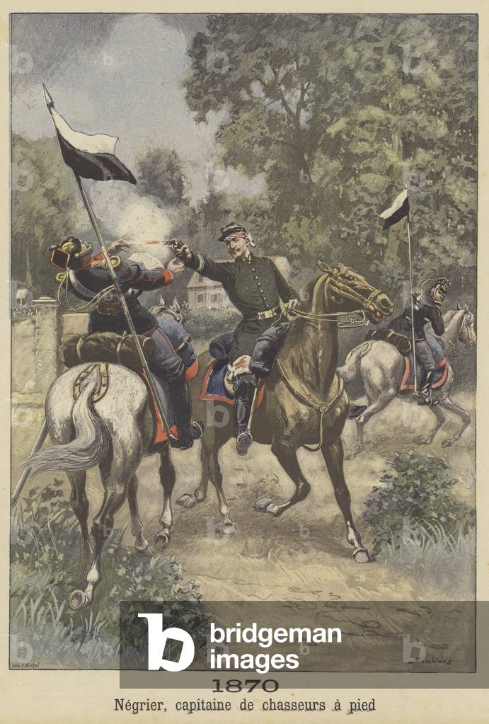 Captain Negrier of the light infantry escaping from Prussian captivity in the Franco-Prussian War (colour litho)