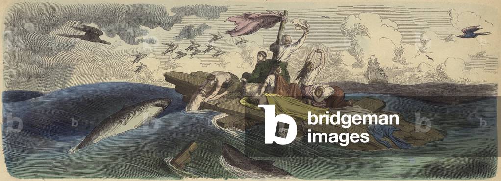 Shipwreck survivors adrift on a raft in the South Seas (coloured engraving)