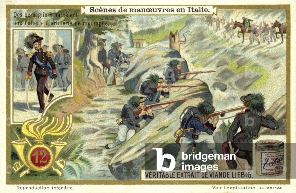 Italian army Bersaglieri light infantry harrassing a column of mountain artillery (chromolitho)