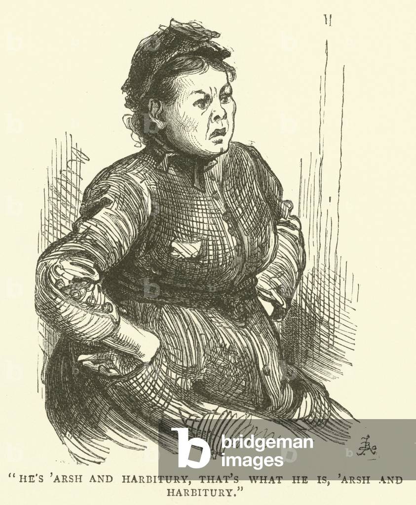 A woman angry at being summoned to a meeting with a School Board official regarding her failure to send her son to school (engraving)