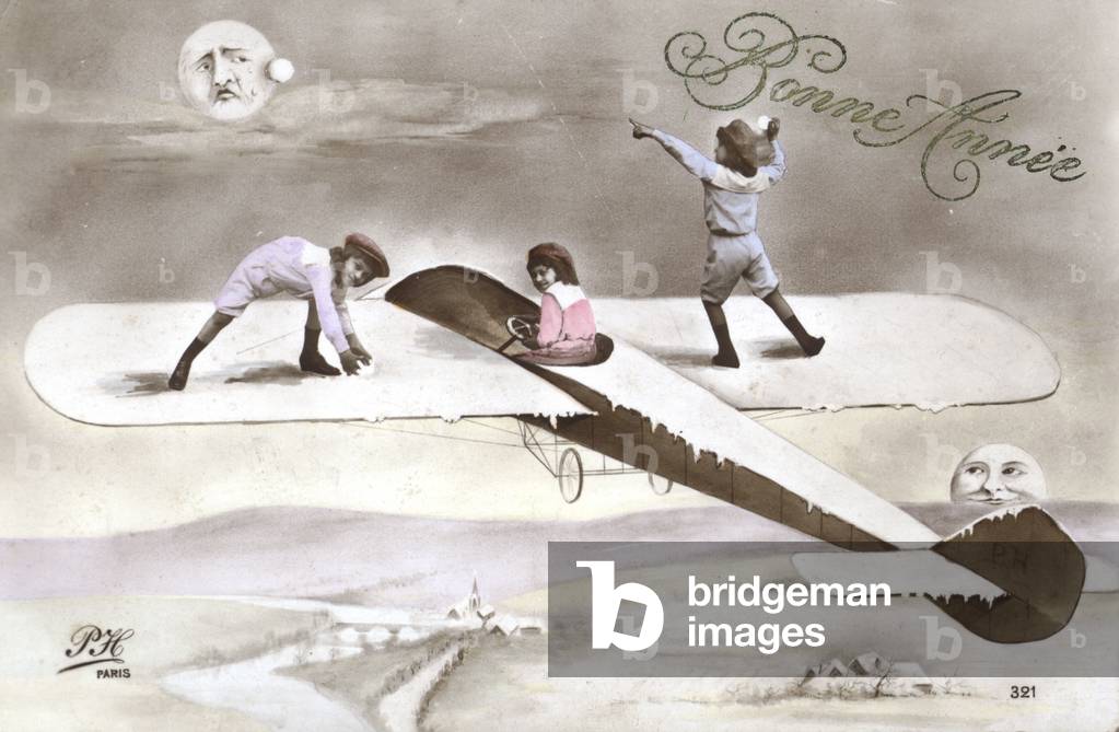 New Year's card with children on a plane (colour photo)