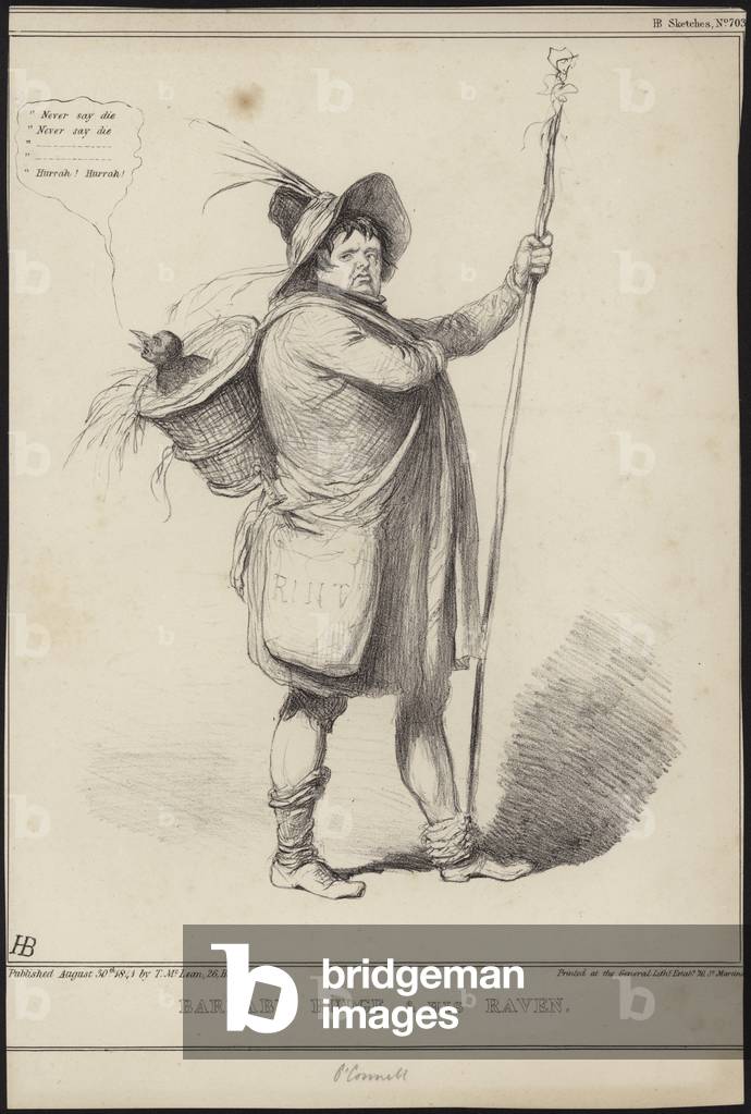 Barnaby Rudge and his raven, illustration from 'Barnaby Rudge' by Charles Dickens, 1841 (litho)
