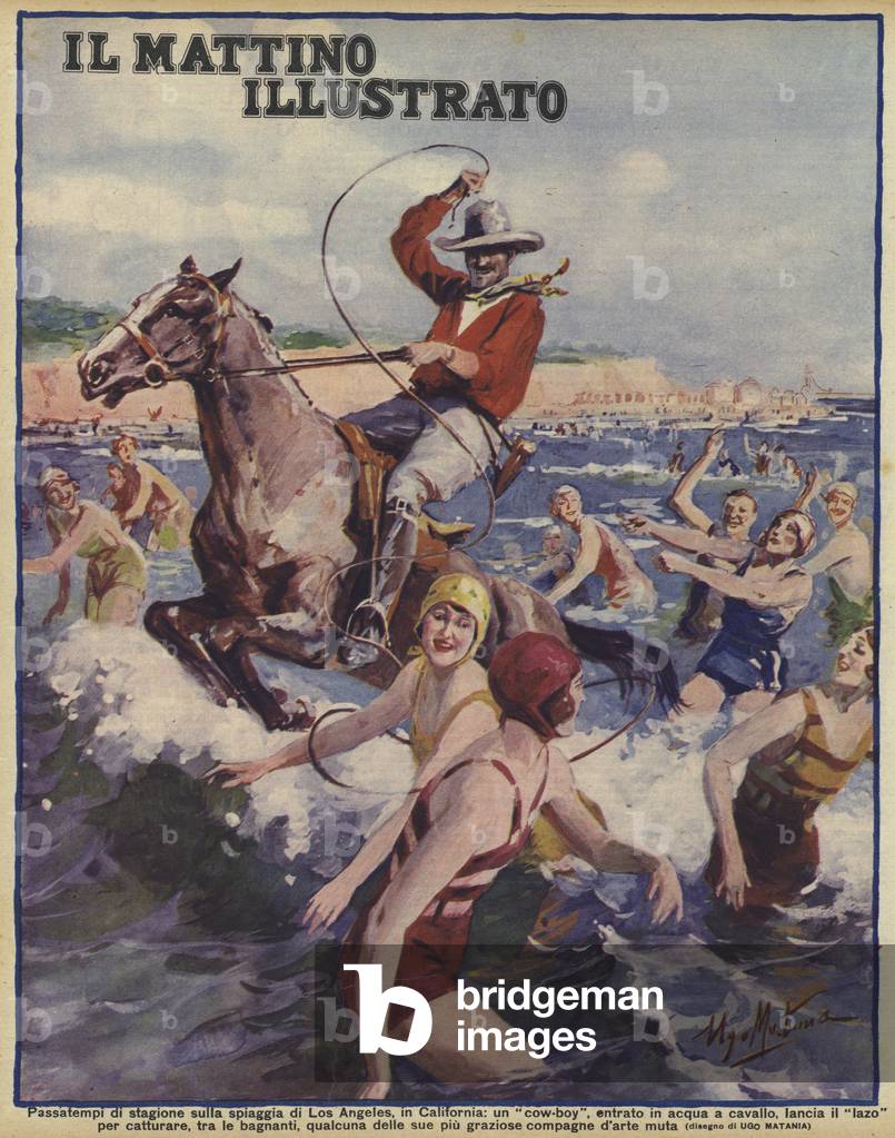 Cowboy trying to lasso one of a group of girls bathing at the beach in Los Angeles, California, USA (colour litho)